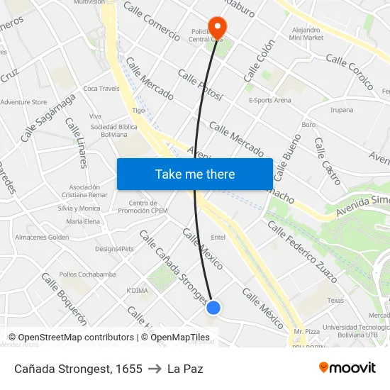 Cañada Strongest, 1655 to La Paz map
