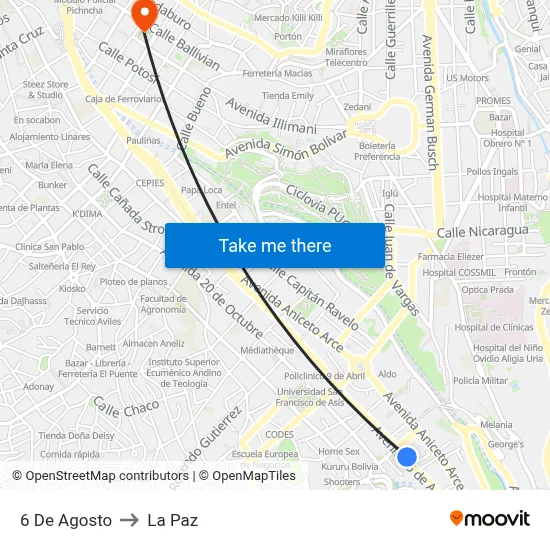 6 De Agosto to La Paz map