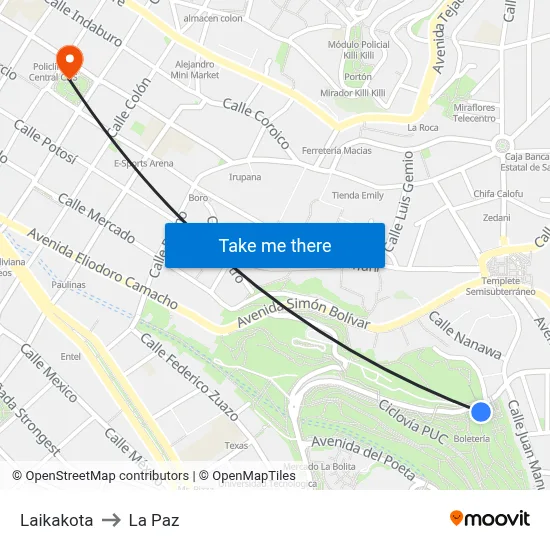 Laikakota to La Paz map