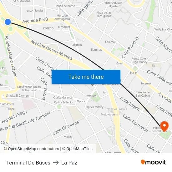 Terminal De Buses to La Paz map