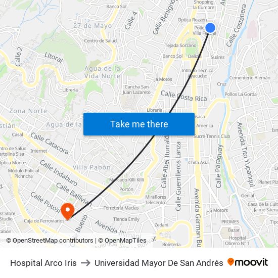 Hospital Arco Iris to Universidad Mayor De San Andrés map