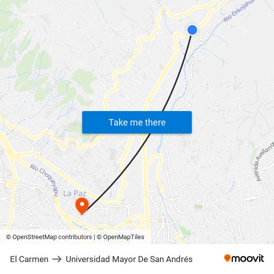 El Carmen to Universidad Mayor De San Andrés map