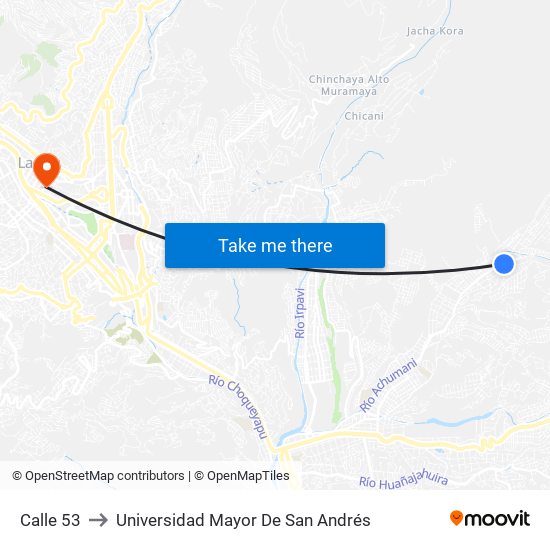 Calle 53 to Universidad Mayor De San Andrés map