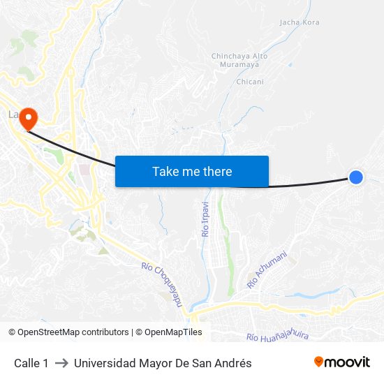 Calle 1 to Universidad Mayor De San Andrés map