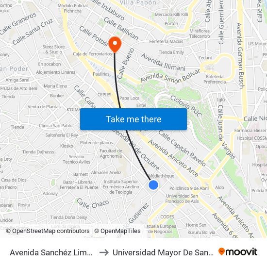 Avenida Sanchéz Lima, 2246 to Universidad Mayor De San Andrés map