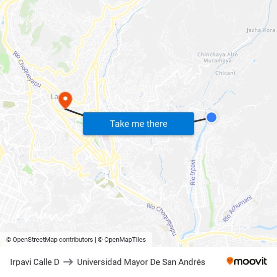 Irpavi Calle D to Universidad Mayor De San Andrés map