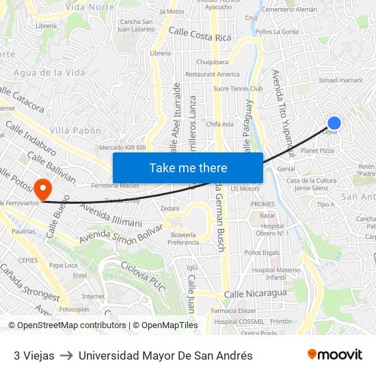 3 Viejas to Universidad Mayor De San Andrés map