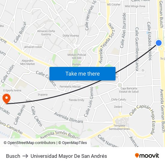 Busch to Universidad Mayor De San Andrés map