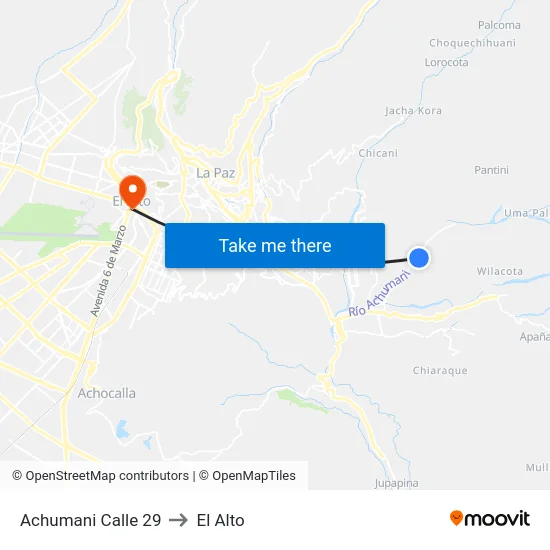 Achumani Calle 29 to El Alto map