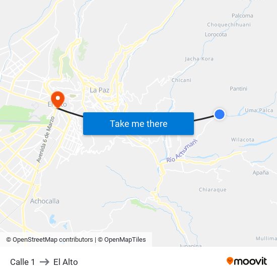 Calle 1 to El Alto map