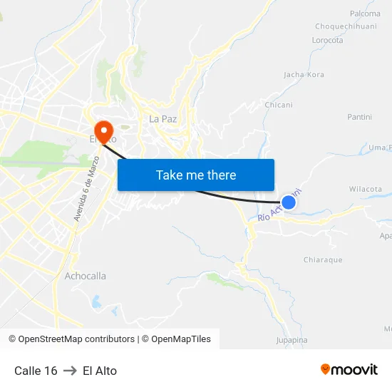 Calle 16 to El Alto map