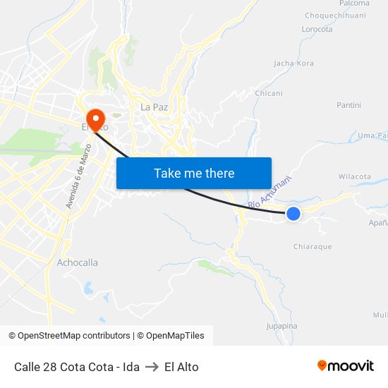 Calle 28 Cota Cota - Ida to El Alto map