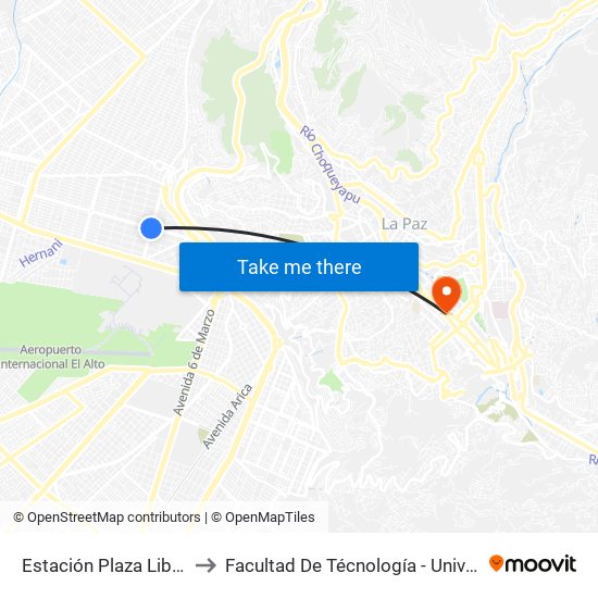 Estación Plaza Libertad / Qhana Thaki to Facultad De Técnología - Universidad Mayor De San Andres map