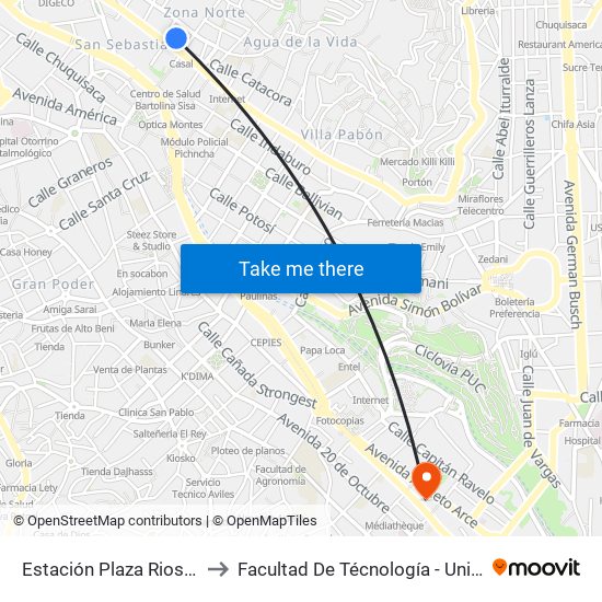 Estación Plaza Riosinho / Riosinho Pampa to Facultad De Técnología - Universidad Mayor De San Andres map