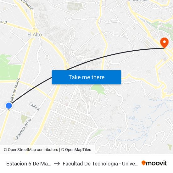 Estación 6 De Marzo / Jach'A Thaki to Facultad De Técnología - Universidad Mayor De San Andres map