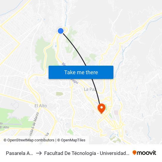 Pasarela Autopista to Facultad De Técnología - Universidad Mayor De San Andres map