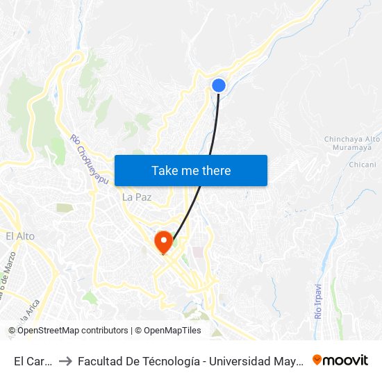 El Carmen to Facultad De Técnología - Universidad Mayor De San Andres map