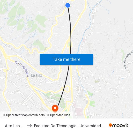 Alto Las Delicias to Facultad De Técnología - Universidad Mayor De San Andres map