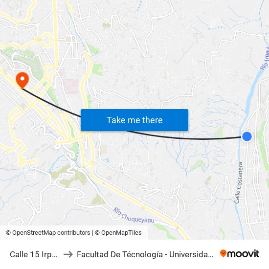 Calle 15 Irpavi II - Ida to Facultad De Técnología - Universidad Mayor De San Andres map