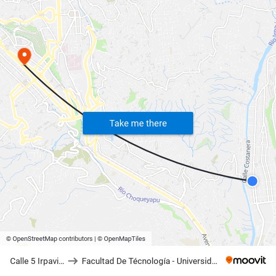 Calle 5 Irpavi II - Vuelta to Facultad De Técnología - Universidad Mayor De San Andres map