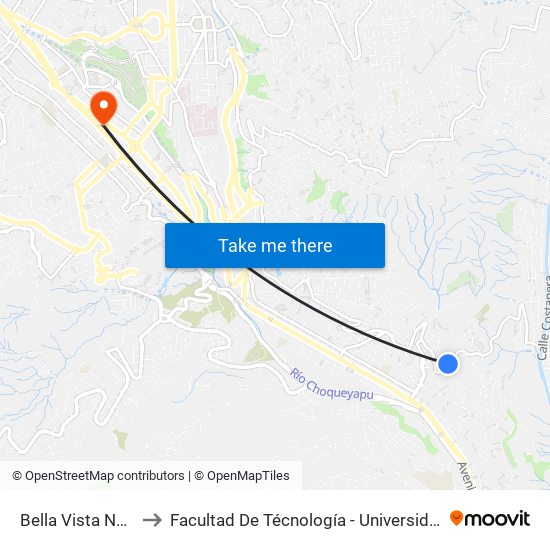 Bella Vista Norte - Vuelta to Facultad De Técnología - Universidad Mayor De San Andres map