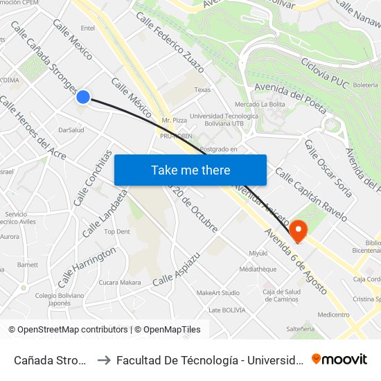 Cañada Strongest, 1655 to Facultad De Técnología - Universidad Mayor De San Andres map