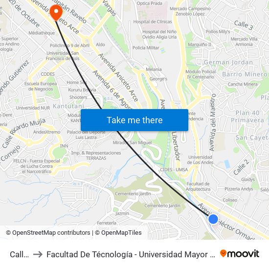 Calle 2 to Facultad De Técnología - Universidad Mayor De San Andres map