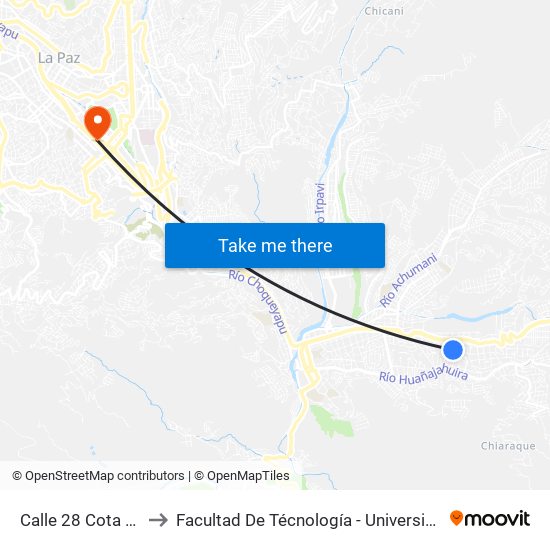 Calle 28 Cota Cota - Vuelta to Facultad De Técnología - Universidad Mayor De San Andres map