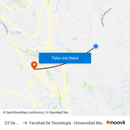23 De Marzo to Facultad De Técnología - Universidad Mayor De San Andres map