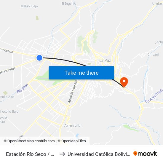 Estación Río Seco / Waña Jawira to Universidad Católica Boliviana San Pablo map