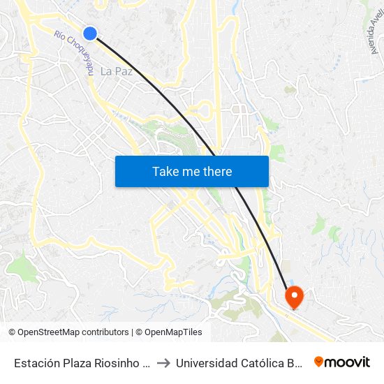 Estación Plaza Riosinho / Riosinho Pampa to Universidad Católica Boliviana San Pablo map