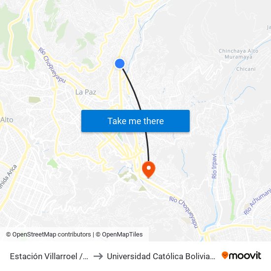 Estación Villarroel / Inalnama to Universidad Católica Boliviana San Pablo map