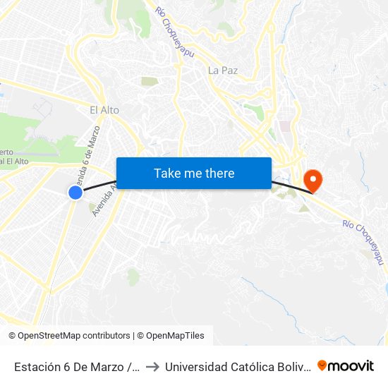 Estación 6 De Marzo / Jach'A Thaki to Universidad Católica Boliviana San Pablo map