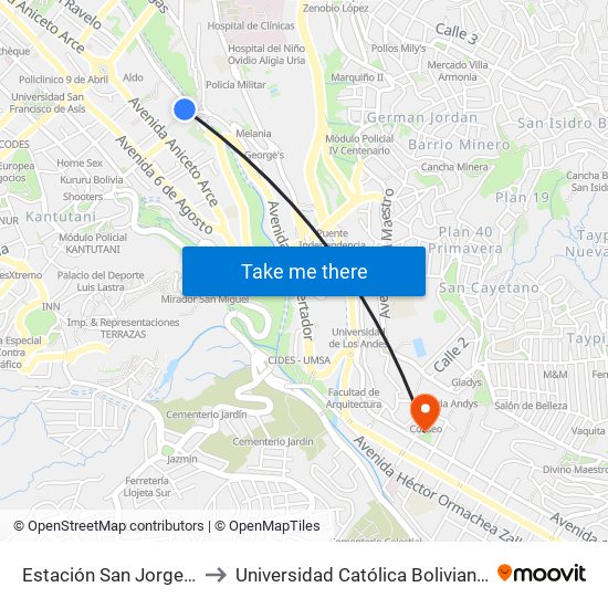 Estación San Jorge / Jalsuri to Universidad Católica Boliviana San Pablo map