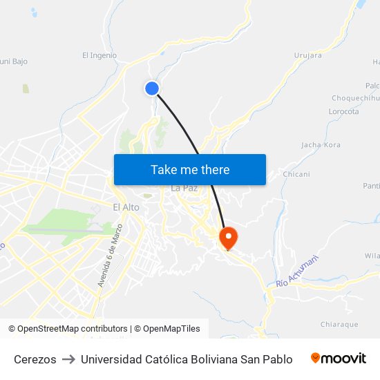 Cerezos to Universidad Católica Boliviana San Pablo map