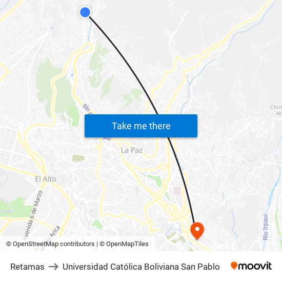 Retamas to Universidad Católica Boliviana San Pablo map