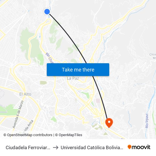 Ciudadela Ferroviaria Calle 3 to Universidad Católica Boliviana San Pablo map
