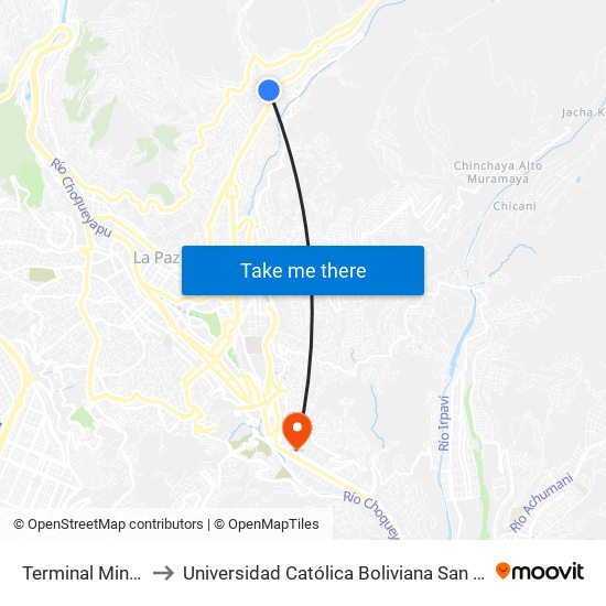 Terminal Minasa to Universidad Católica Boliviana San Pablo map