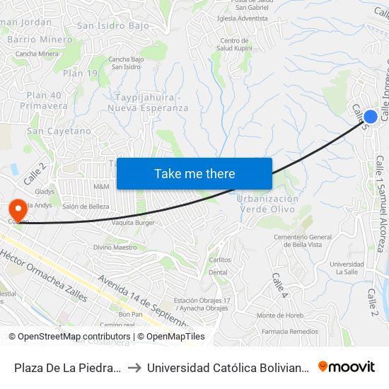 Plaza De La Piedra - Vuelta to Universidad Católica Boliviana San Pablo map