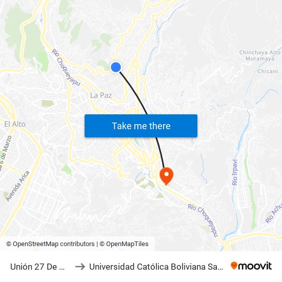 Unión 27 De Mayo to Universidad Católica Boliviana San Pablo map