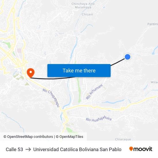 Calle 53 to Universidad Católica Boliviana San Pablo map