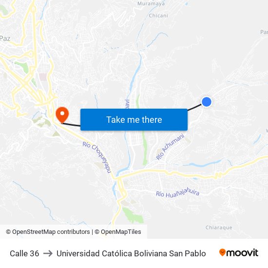 Calle 36 to Universidad Católica Boliviana San Pablo map