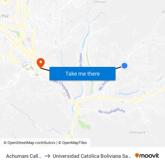 Achumani Calle 29 to Universidad Católica Boliviana San Pablo map