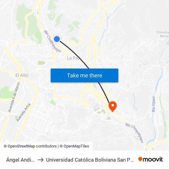 Ángel Andino to Universidad Católica Boliviana San Pablo map