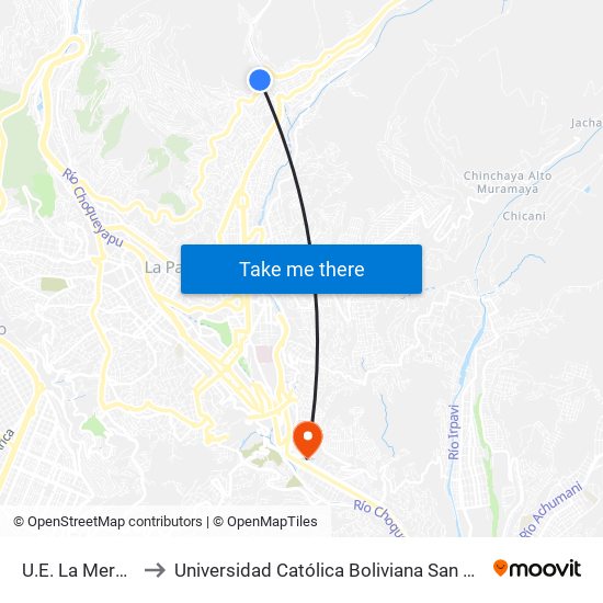 U.E. La Merced to Universidad Católica Boliviana San Pablo map