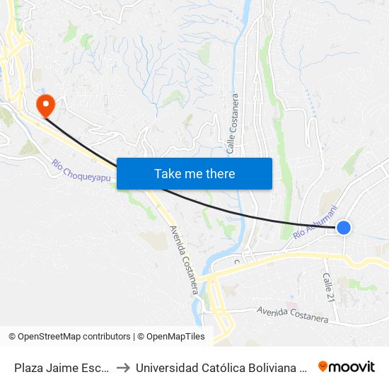 Plaza Jaime Escalante to Universidad Católica Boliviana San Pablo map