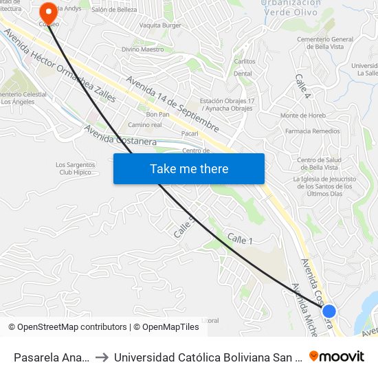 Pasarela Anapol to Universidad Católica Boliviana San Pablo map