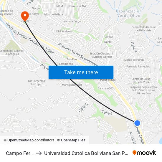 Campo Ferial to Universidad Católica Boliviana San Pablo map