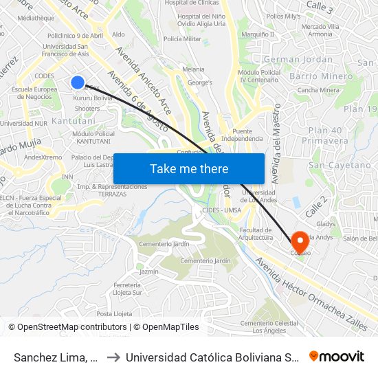 Sanchez Lima, 2592 to Universidad Católica Boliviana San Pablo map