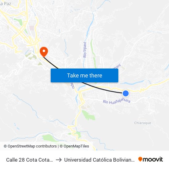 Calle 28 Cota Cota - Vuelta to Universidad Católica Boliviana San Pablo map